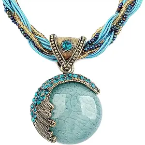 Handmade Retro Bohemian Collar Necklace |   Turquoise Rhinestone Pendant |   Twist Woven Rope Chain