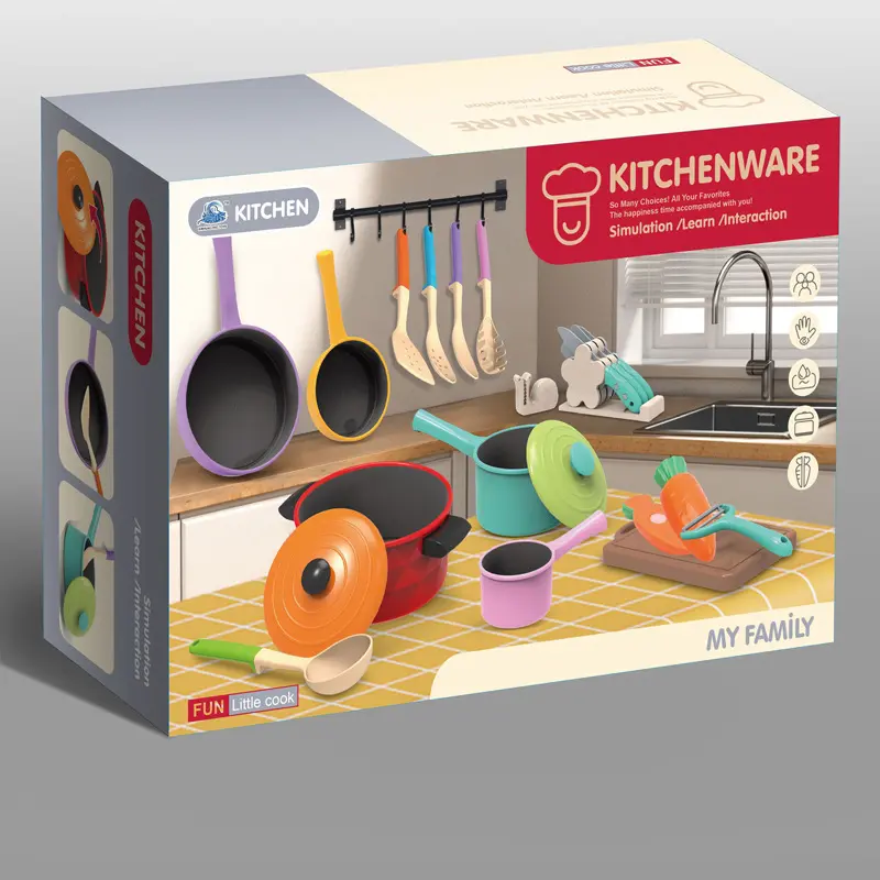 Kitchen toy pretend play set with pots, pans, induction cooker, kitchen utensils, and colorful tableware for cooking