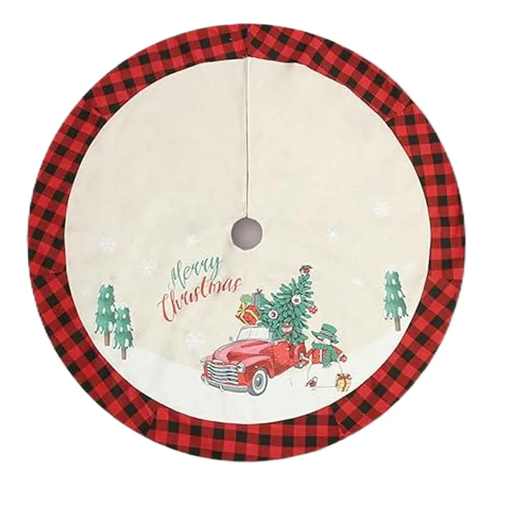 Rustic Farmhouse Christmas Tree Skirt, 48 Inch Double-Layer Burlap Holiday Decoration with Vintage Red Truck and Gingham Plaid Border