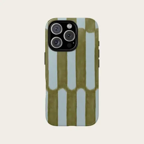 Hard Drop-Cushion TPU Watercolor Striped Smartphone Case Cover - Blue & Olive Green, Stylish Shockproof Magnetic Snap-On Camera Protector, Fit for iPhone 17,16,15,14,13,12,11 Pro Max, Women's Back to School Accessory