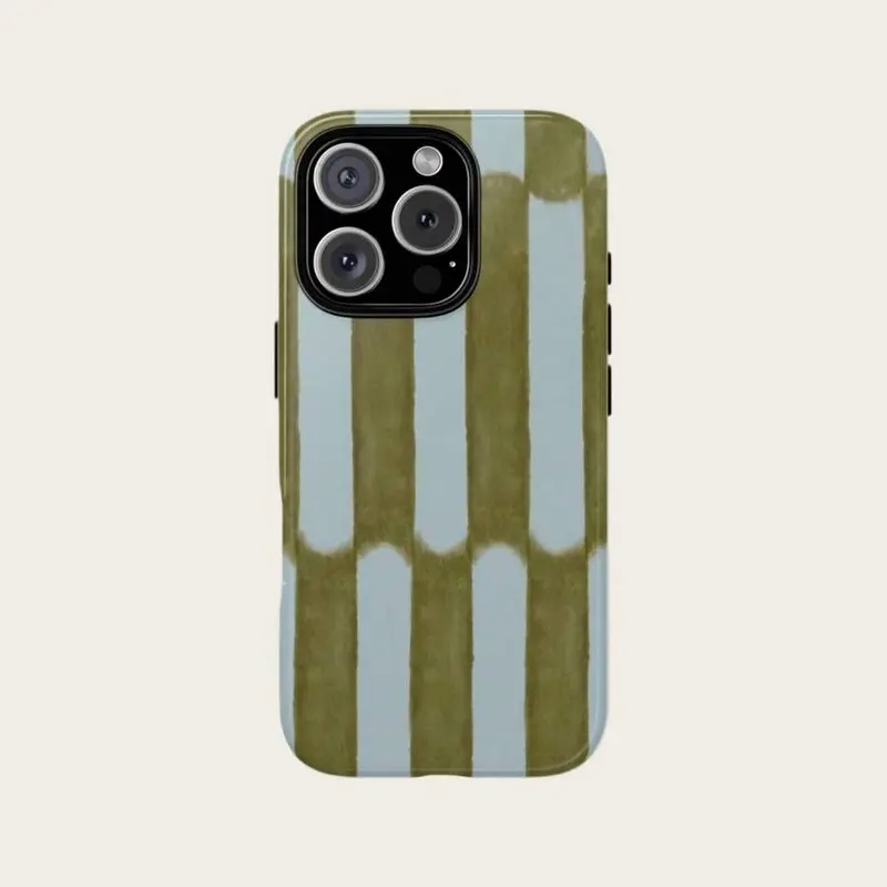 Hard Drop-Cushion TPU Watercolor Striped Smartphone Case Cover - Blue & Olive Green, Stylish Shockproof Magnetic Snap-On Camera Protector, Fit for iPhone 17,16,15,14,13,12,11 Pro Max, Women's Back to School Accessory