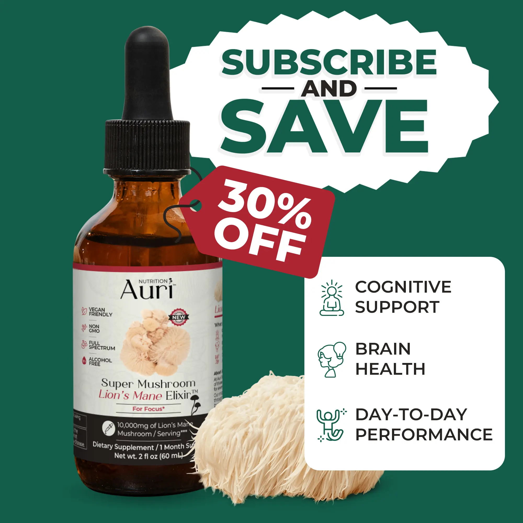 Super Mushroom Lion's Mane Elixir - Antioxidant, Alcohol Free, Sugar Free, Vegan, 30 servings, FallFreshness