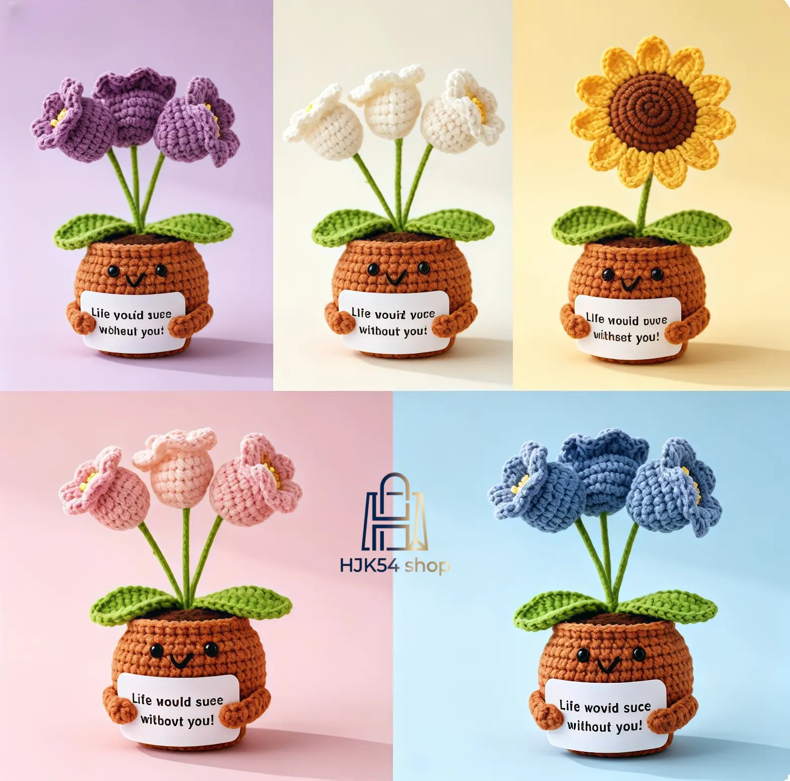 5-Piece Handmade Crochet Potted Plants, Cute Yarn Flower Heads with Motivational Cards for Desk Decor, Emotional Support Gift for Mom & Friends, Motivation, Cute Desk Decor, Five Pieces