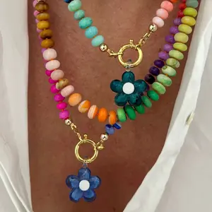 Handmade Flower Pendant Colored Beaded Neck Chain Ladies Beach Dopamine Necklace