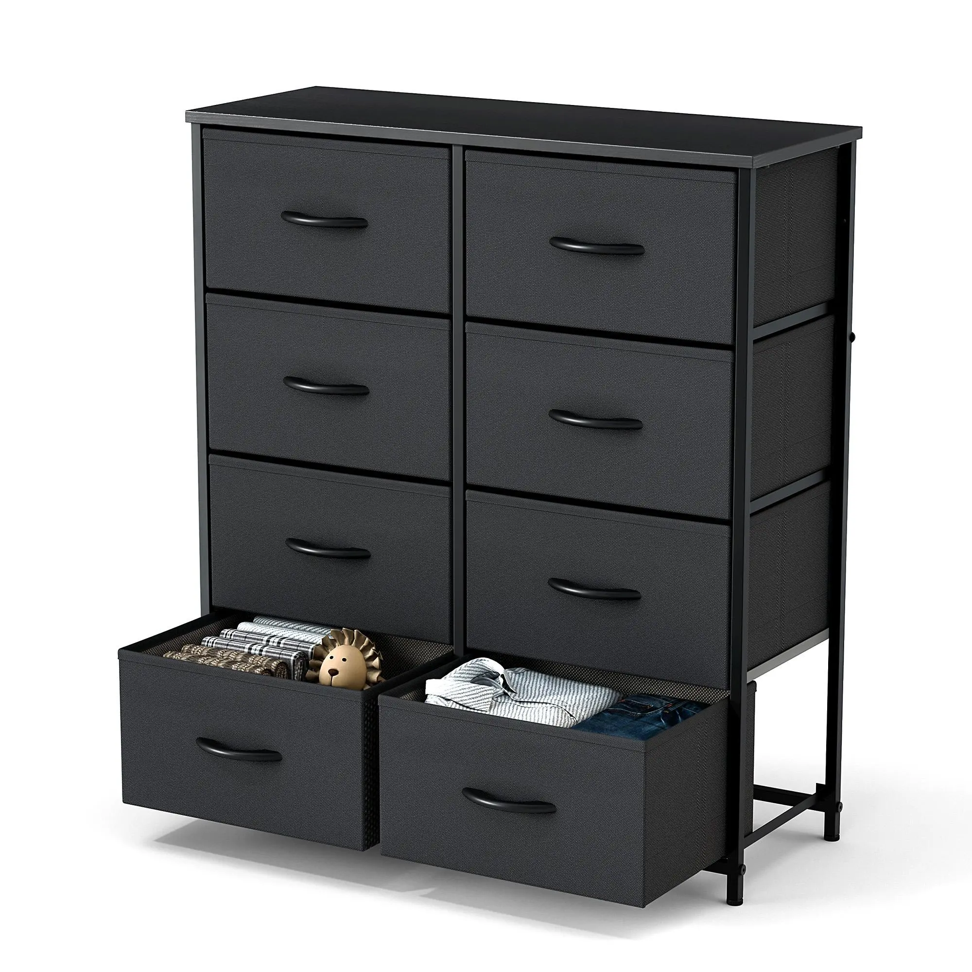 Dresser for Bedroom with 8 Fabric Drawers, Tall Chest Organizer Units for Clothing, Closet, Kidsroom, Storage Tower with Cabinet, Metal Frame, Wooden Top, Lightweight Nursery Furniture