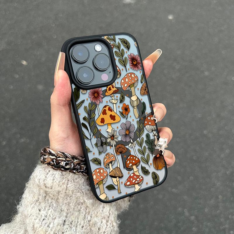 Mushroom & Wildflower Print Phone Case  Add A Touch Of Forest Charm & Playful Warmth To Your Daily Device Featuring Built-In Strong Magnet Ring Blending Smooth Macaron Texture With Secure Magsafe Compatibility For iPhone 17 16 15 14 13 12 11 X XS