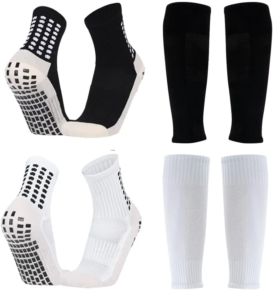 Youth Athletic Grip Soccer Socks with Shin Guard Sleeves (2 Sets, Ages 7-14 Boys) - Anti-Slip Texture for Football Training, Athletic Grip Socks