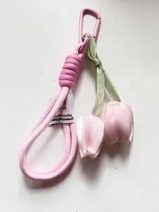 Lady'S Sweet Tulip Bud Bag Charm Aesthetic Fabric Tulip Flower Keychain Satin Tulip Keyring Women's Key Ring Flower Tulip Pendant Handmade Woven Strap Keychain Jewelry Accessories Spring Aesthetic Bag Phone Strap Gift for Her (Pink/Blue/Purple)