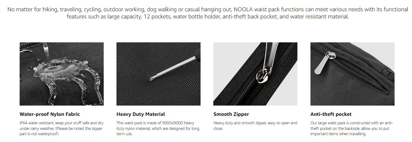 NOOLA Fanny Pack Waist Bag for Men Women, Lightweight Waist Pack with Water Bottle Holder, Adjustable Belt Bag with Multi-Pockets for Hiking, Dog Walking, Outdoor, Cycling, Running, Travel, Black