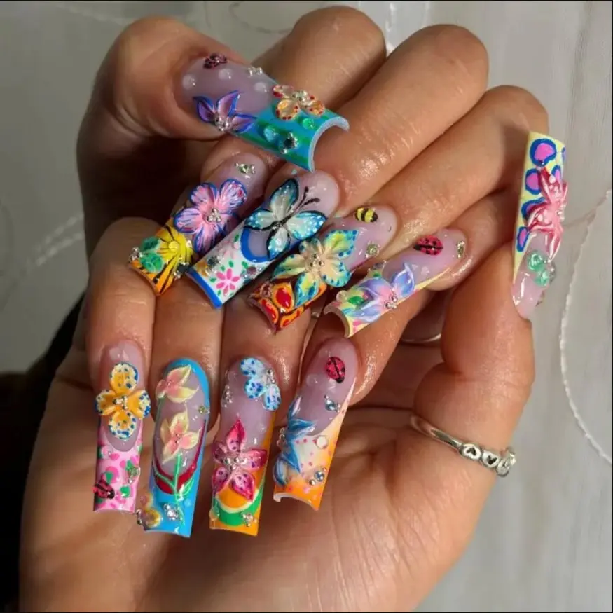 Handmade Fairy Forest Press On Nails Set 3D Butterfly & Flowers Art Luxury Gif For Her On Birthday, Party, Wedding Day