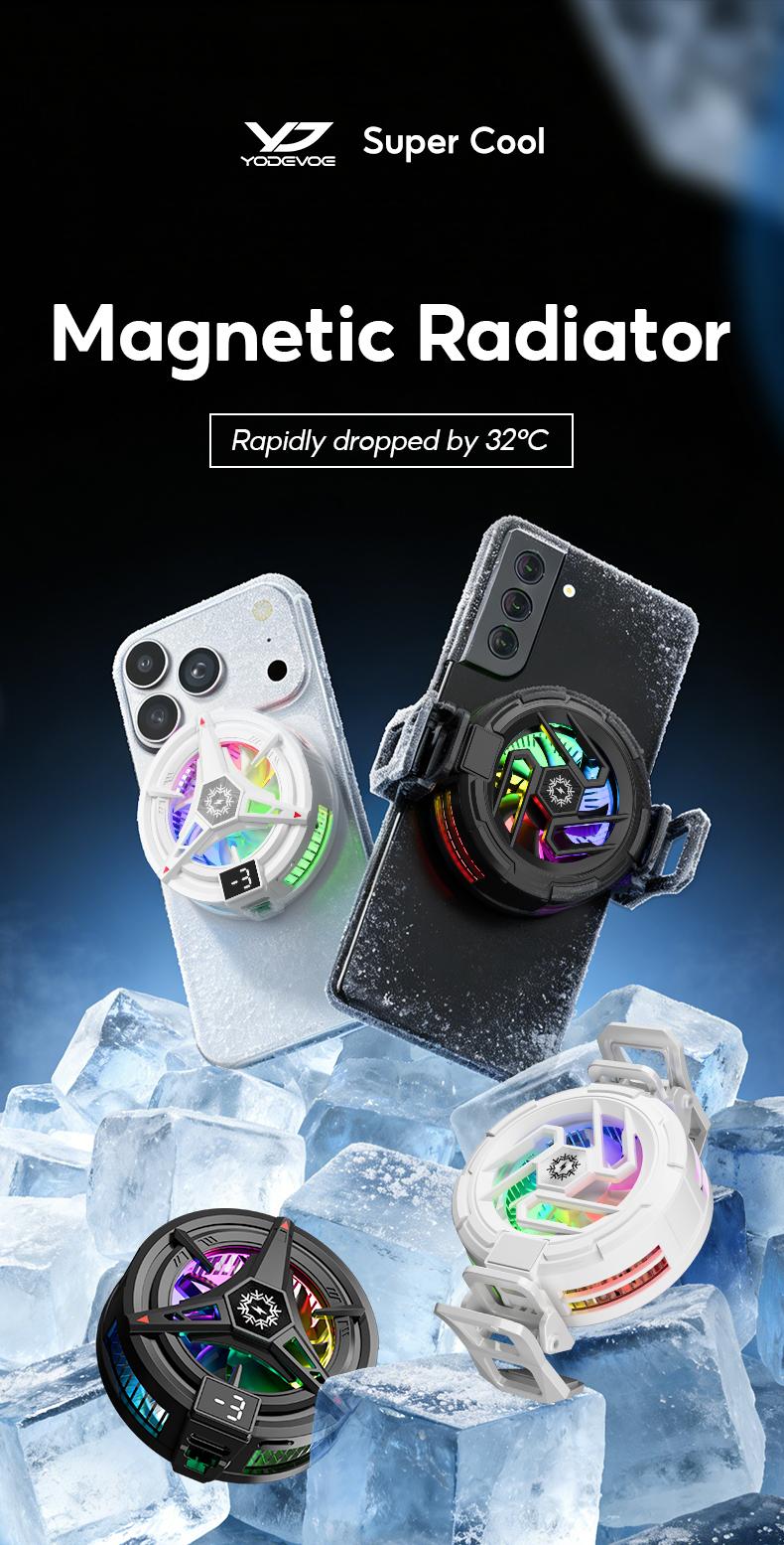 Yodevoe is a portable phone cooler featuring 15W fast cooling and AI intelligent cooling, capable of rapidly reducing phone temperature within 15 seconds. It also offers 100 adjustable cooling modes and three-color ambient lighting effects.