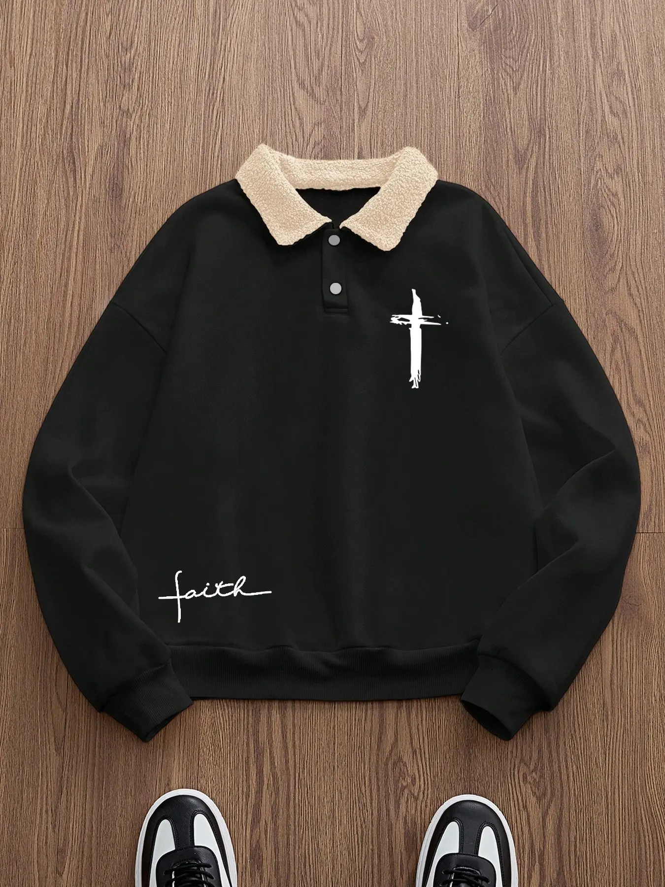 トップス Her lip to Embroidery Polo Sweatshirt Trendy Retro Lamb Wool Collar Sweatshirt, Cross Print Polo Shirt