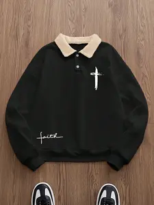 Men's Christian Cross Polo Neck Sweatshirt, Loose Fit Pullover Tops with Faux Fur Collar, Fall & Winter Casual Streetwear, Retro Style