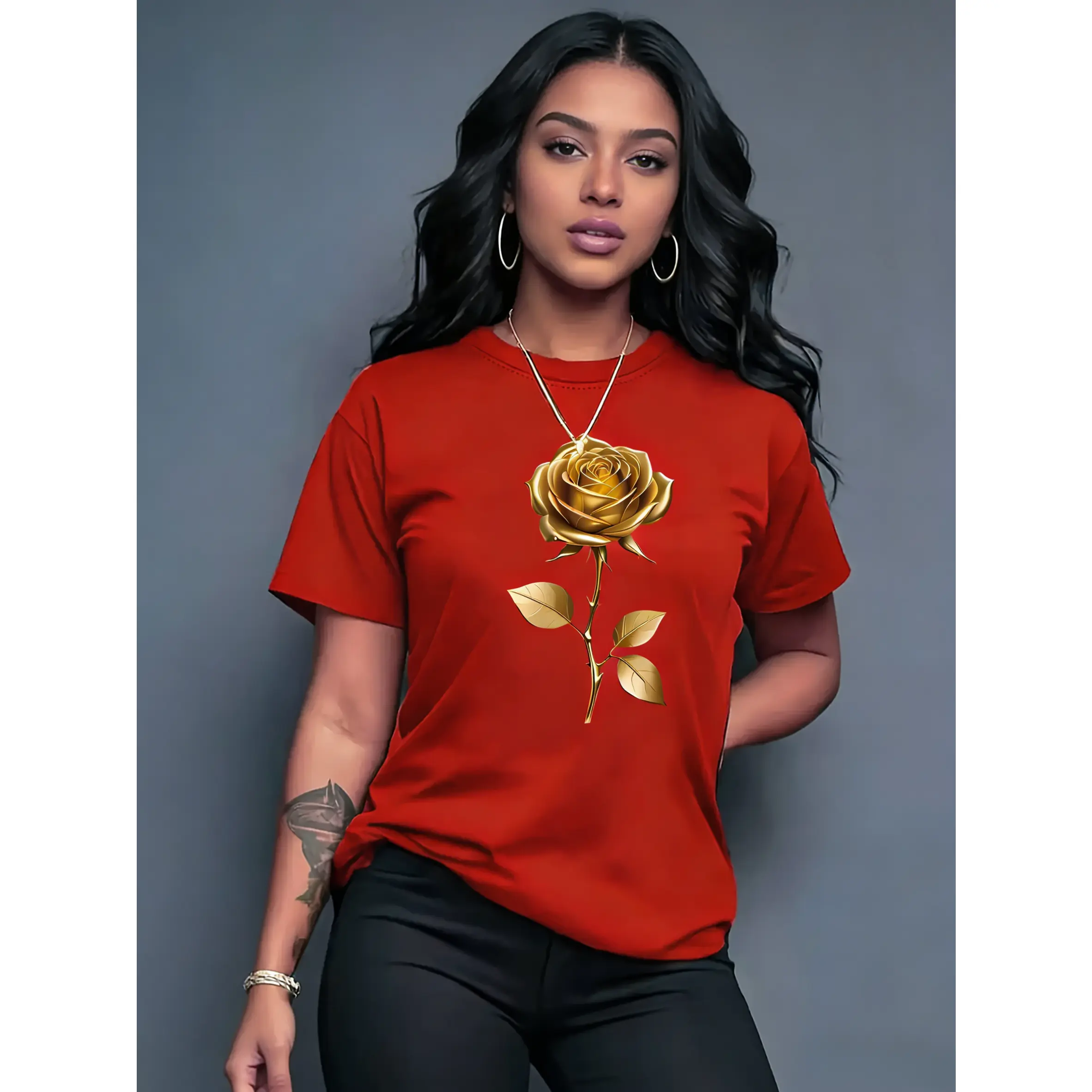 100% pure cotton, women's casual, comfortable versatile, multiple colors available, floral pattern printed T-shirt, short sleeve casual round neck top, spring and summer women's clothing