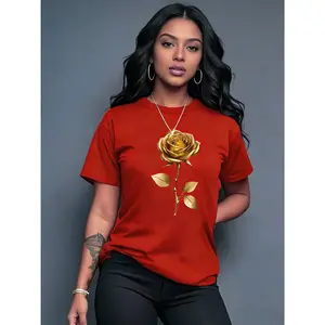 100% pure cotton, women's casual, comfortable versatile, multiple colors available, floral pattern printed T-shirt, short sleeve casual round neck top, spring and summer women's clothing