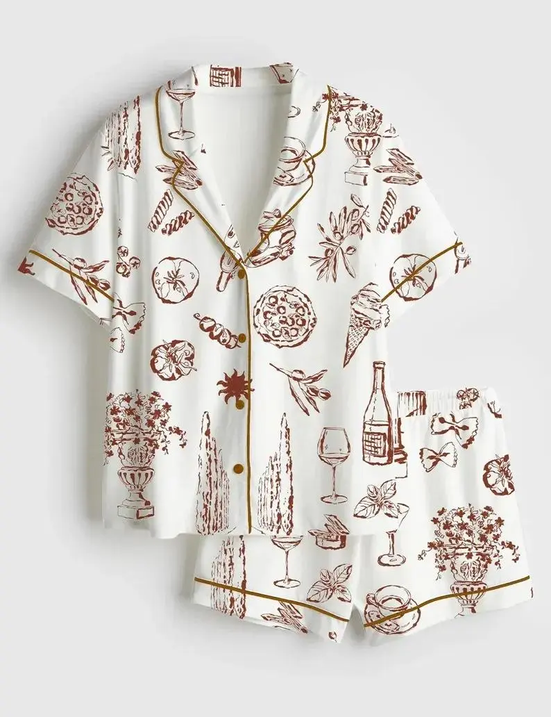 Women Toile Wine Bottle Floral Print Pajama Set Vintage Italian Bistro Graphic Loose Button Down Shirt Shorts Sleepwear Cute Summer Lounge Set