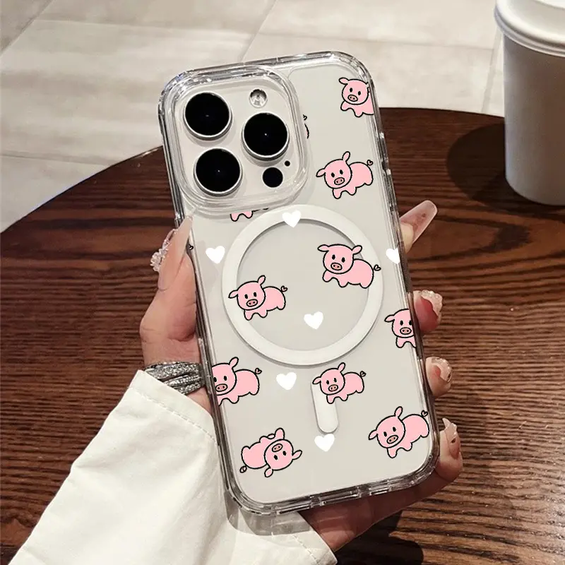 Phone Case: Cute Piggy Heart Pattern Seamless Cute Pigs GraphicPrinted Phone Case, Transparent Acrylic Magnetic Shockproof Hard Case with Magnetic Ring, Wireless Charging for iPhone 17 E Air Pro ProMax iPhone16 15 14 Plus 13 12 Mini 11 X XS XR
