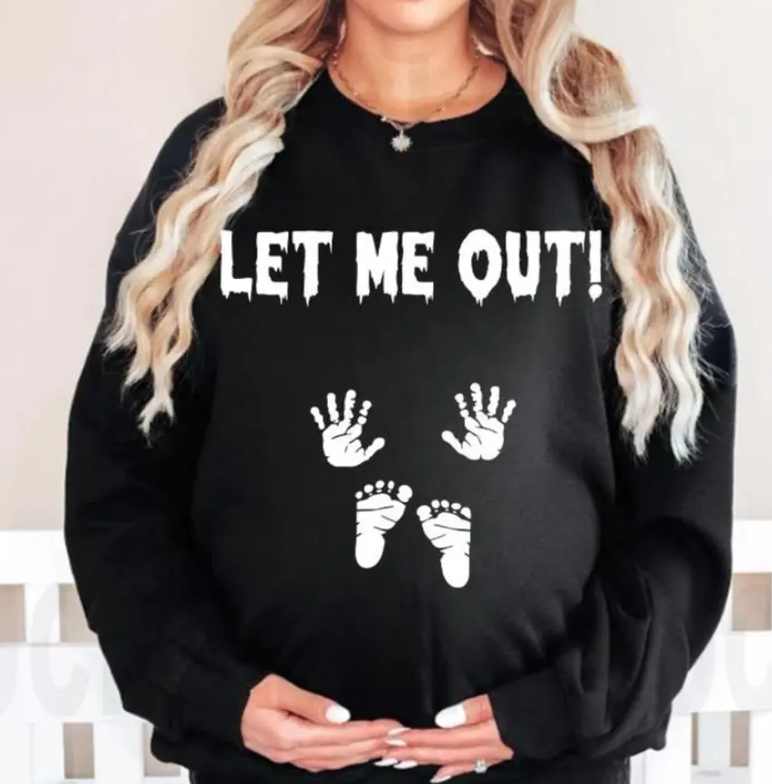 "Let Me Out!" Funny Halloween Pregnancy Reveal T-Shirt, Sweatshirt, Hoodie – Funny Halloween Maternity Shirt With Baby Hands & Feet, Baby Design For Expecting Moms
