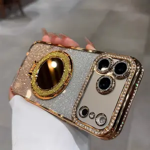 For Magsafe Glitter Diamond Mirror Bracket Case for Iphone 17 16 15 Pro Max 14 plus Air 11 12 13 Stand Make up Lens Film Cover