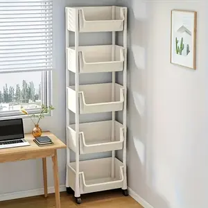 Multifunctional 5-Tier Mobile Plastic Storage Cart with 4 Casters, White Organizer, Adjustable Shelves, Suction Cup Sponge Holder, Easy-Install Kit, Collapsible Cabinet - Smooth Lightweight 5-Tier Storage Rack for Home (Bedroom, Kitchen), Five-Tier Storag