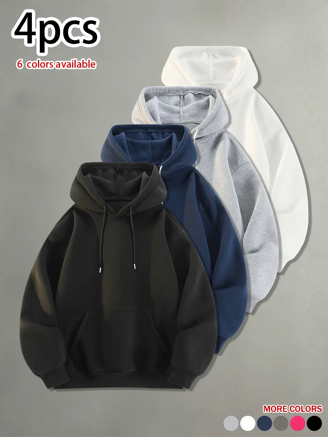 Available in packs of 4 or 1 piece. Men’s minimalist casual hooded sweatshirt—loose fit, solid color, basic, comfortable, skin-friendly pullover hoodie. Versatile for everyday wear in spring and autumn; trendy casual sports pullover hoodie.
