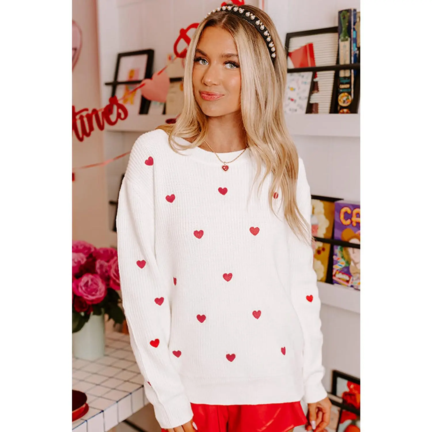White Heart Shape Drop Shoulder Round Neck Sweater