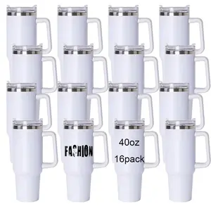 40Oz Sublimation Blank Tumblers with Lids, 16 Pack Stainless Steel Double Wall Insulated White Blank Cups with Plastic Straw & Removable Handle, for Car, Home, Office, Summer Drinkware, Travel Accessories, Birthday Gifts, Festive Gifts.