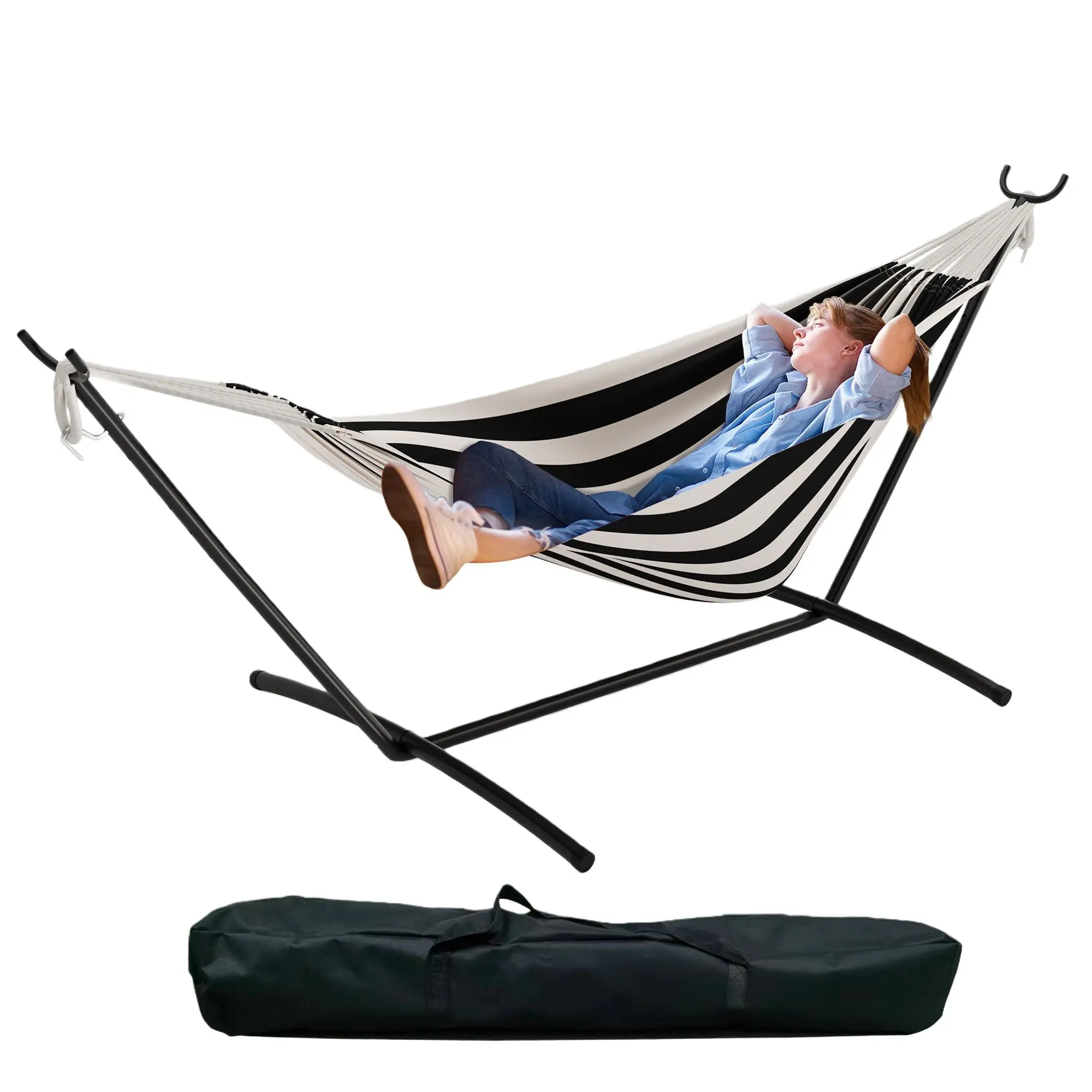 Double Hammock with Foldable Steel Stand and Carry Bag, Standing Hammock, Indoor Outdoor, 450Lbs Weight Capacity, Suitable for Garden Camping Beach, Black