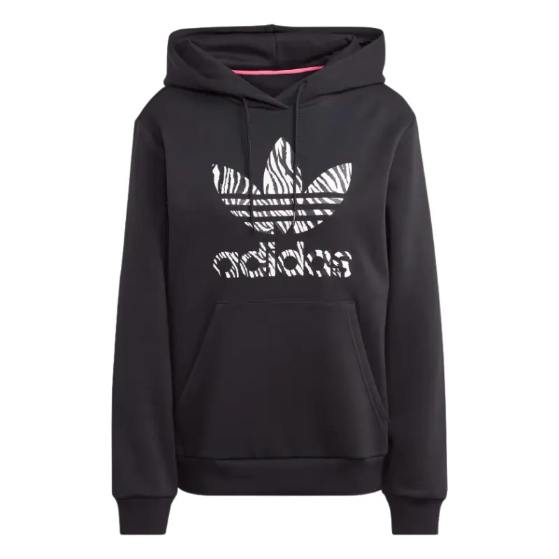 Women's Zebra Print Hoodie, Casual Cotton-Polyester Fleece Pullover with a Kangaroo Pocket and Adjustable Drawstring, Sweatshirts, Long Sleeve, Clothes, Graphic Hoodies, Adjustable Hood, Trefoil Logo, Recycled Polyester Blends, Imported, Zebra Print Graph