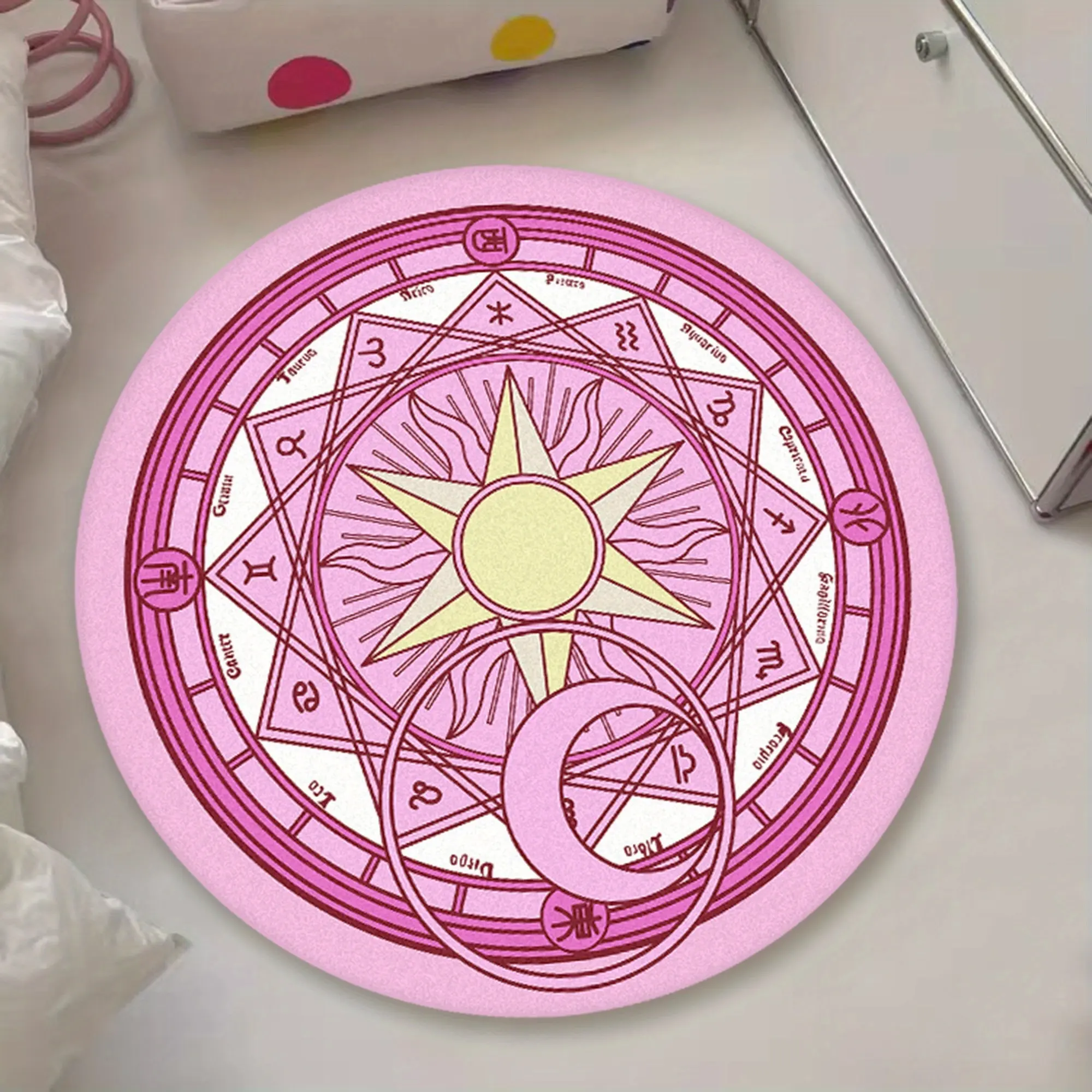 Magic Card Sakura Magic Circle Round Rug, Anime Peripheral Sun Moon Spell Array Zodiac Symbols, Cute Anti-Slip Bedroom Living Room Decor Area Rug Decorative Rugs Home Decor Rugs