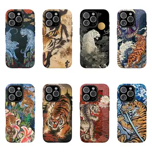 Vintage Chinese Tigers Phone Case, Cute Tiger Collage, Japanese Traditional Art Print Big Cat Case  iPhone 17 16 15 14 13 12 11 Pro Max
