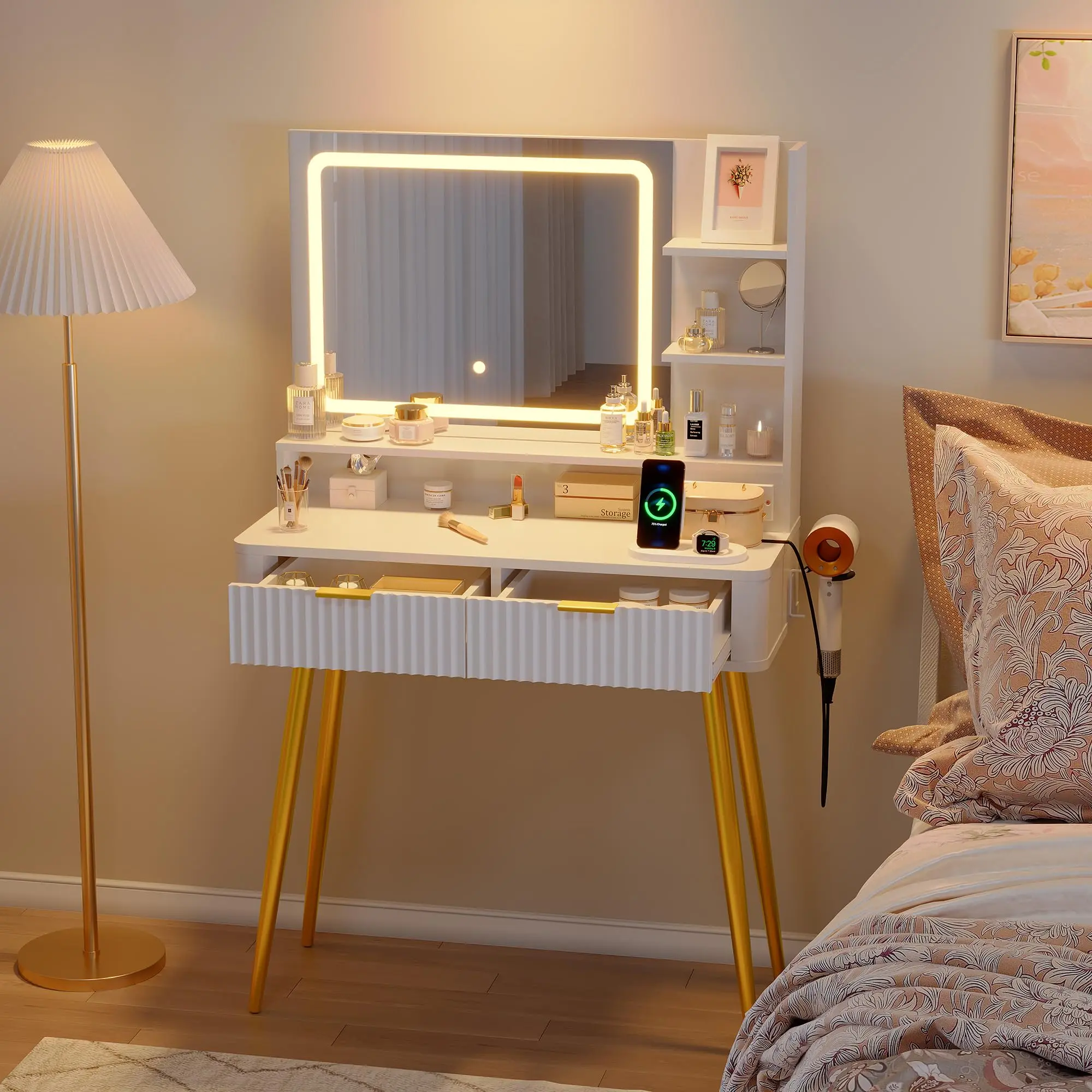 Women's Modern Makeup Table - White Engineered Wood Designer Vanity with Mirror, 80cm (31.5" W x 15.7" D x 51.97" H), 3 Lighting Modes, 2 Drawers, USB Ports, Anti-Tipping Kit for Bedroom Home
