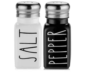 Salt and Pepper Shakers Set by Brighter Barns - Cute Modern Farmhouse Kitchen Decor for Home Restaurants Wedding - Gorgeous Vintage Glass Black White Shaker Sets with Stainless Steel Lids