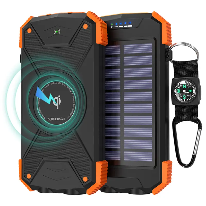 Magnetic Solar Charger Power Bank, Qi Wireless Charger 10000mAh External Battery Pack USB C Input Output Dual Super Bright Flashlight, Compass Carabiner, Solar Panel Charging Accessories Smartphone