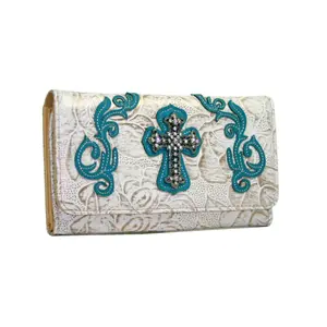 Ritz WC99-WT-TQ Western Rhinestone Bling Cross Trifold Wallet - White & Turquoise Trim, Wallet Purse, Magnetic Closure Wallet, Stylish Wallet