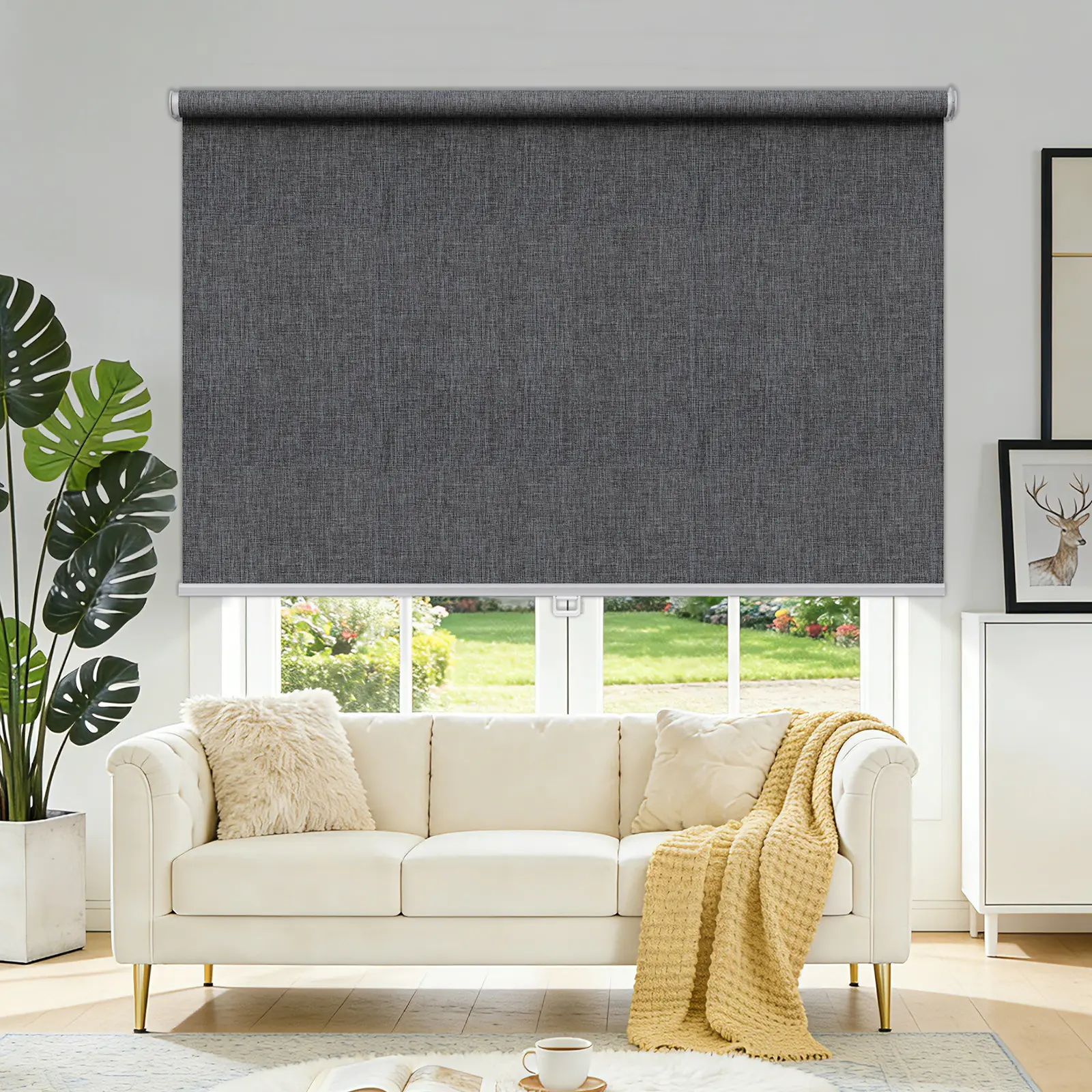 Grandekor Cordless No-Drill 0-Gap Full Blackout Roller Shades, Modern Outside Mount Textured Dark Gray Fabric Blinds, Fits 21 Windows for Bedroom, Living Room
