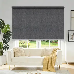 Grandekor No Drill 100% Blackout Roller Shades, Outside Mount Cordless Blinds for Windows, Adjustable Width, Zero-Gap Light Blocking, Hemp Texture Dark Gray