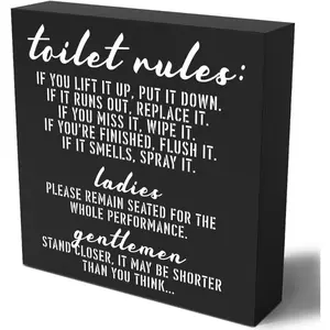 Funny Toilet Rules Wooden Box Sign, Humorous Black Bathroom Wall Art Decor with Ladies & Gentlemen Quotes, Farmhouse Restroom Shelf Decoration for Home Guest Bath