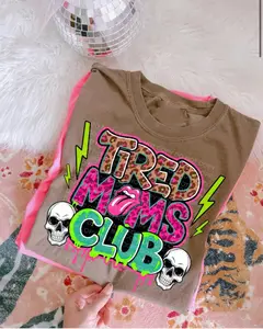 Tired Moms Club Youth & Adult Tshirt, Exhausted Mom Graphic Tee, Leopard & Skull Mom Life Shirt, Neon Drip Design T-shirt, Relatable Mom Humor, Gifts Casual Fashion Comfy Round Neck