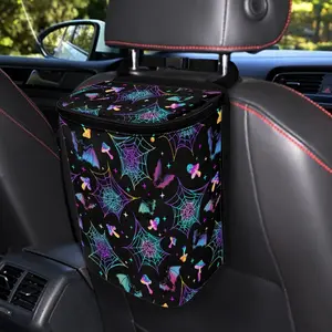 Colorful Bat-Cobweb Print Car Trash Can Accessories Organizer Garbage Bag Dustbin Container with Lid Waste Basket Storage Pocket Hanging Large Size Vehicle Trash Bin Halloween Gift