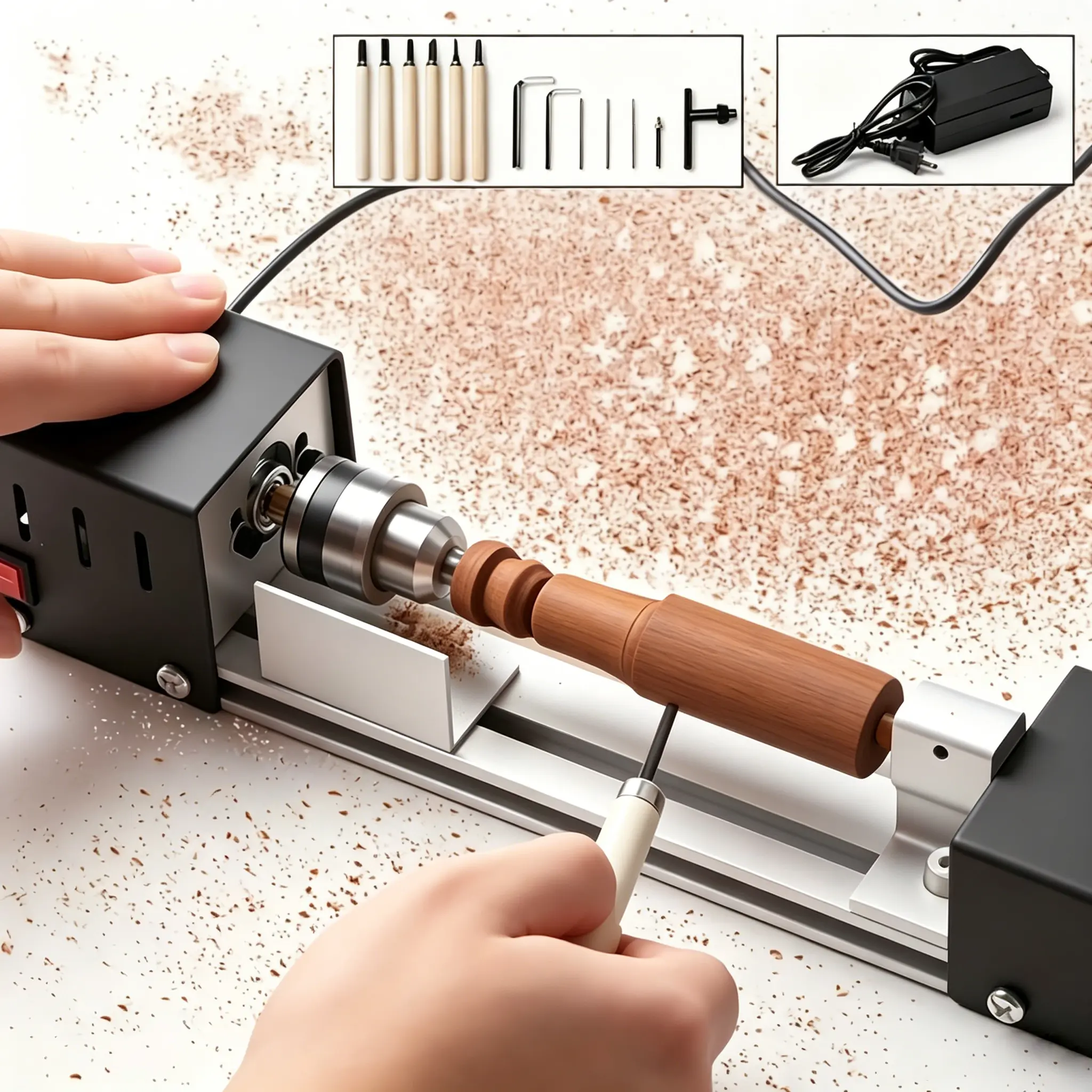 Mini Lathe Machine Tool DIY Woodworking Wood lathe Milling machine Grinding Polishing Beads Drill Rotary Tool Set,24VDC 96W Mini Wood Lathe Tools Milling Machine Accessories, 7 Speeds , Small Benchtop Lathe with Wood Turning Lathe Tools Kits