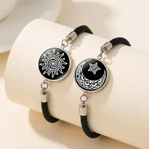 2Pcs Luminous Sun and Moon Couple Bracelets - Glow in The Dark Matching Braided Leather Jewelry, Adjustable Friendship Gift for Boyfriend Girlfriend, Anniversary & Valentine's Day