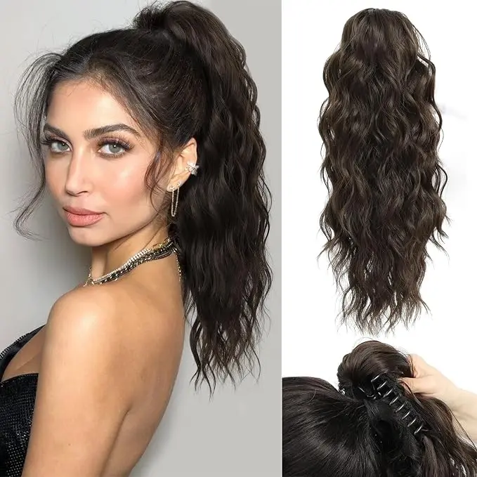 Ms Taj 18 Inch Long Wavy Claw Clip Ponytail Extension, Soft Synthetic Hairpieces for Women, Natural Look for Daily Wear