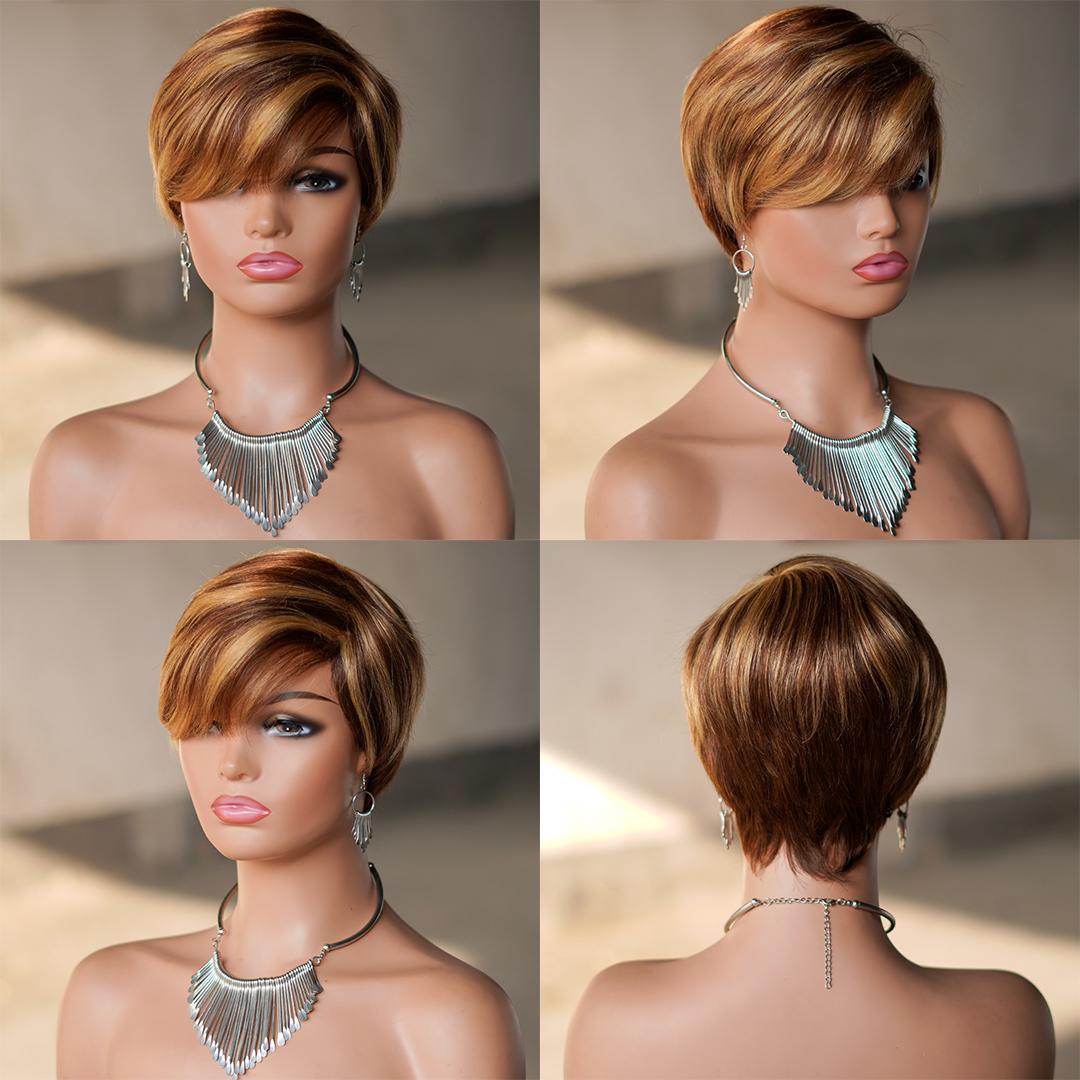 Short Pixie Cut Wig With Bangs, Glueless 180% Density Brazilian Virgin Human Hair, 6 Inch 1B Natural Black Mixed Blonde, Machine Made Wig For Daily & New Year Wear