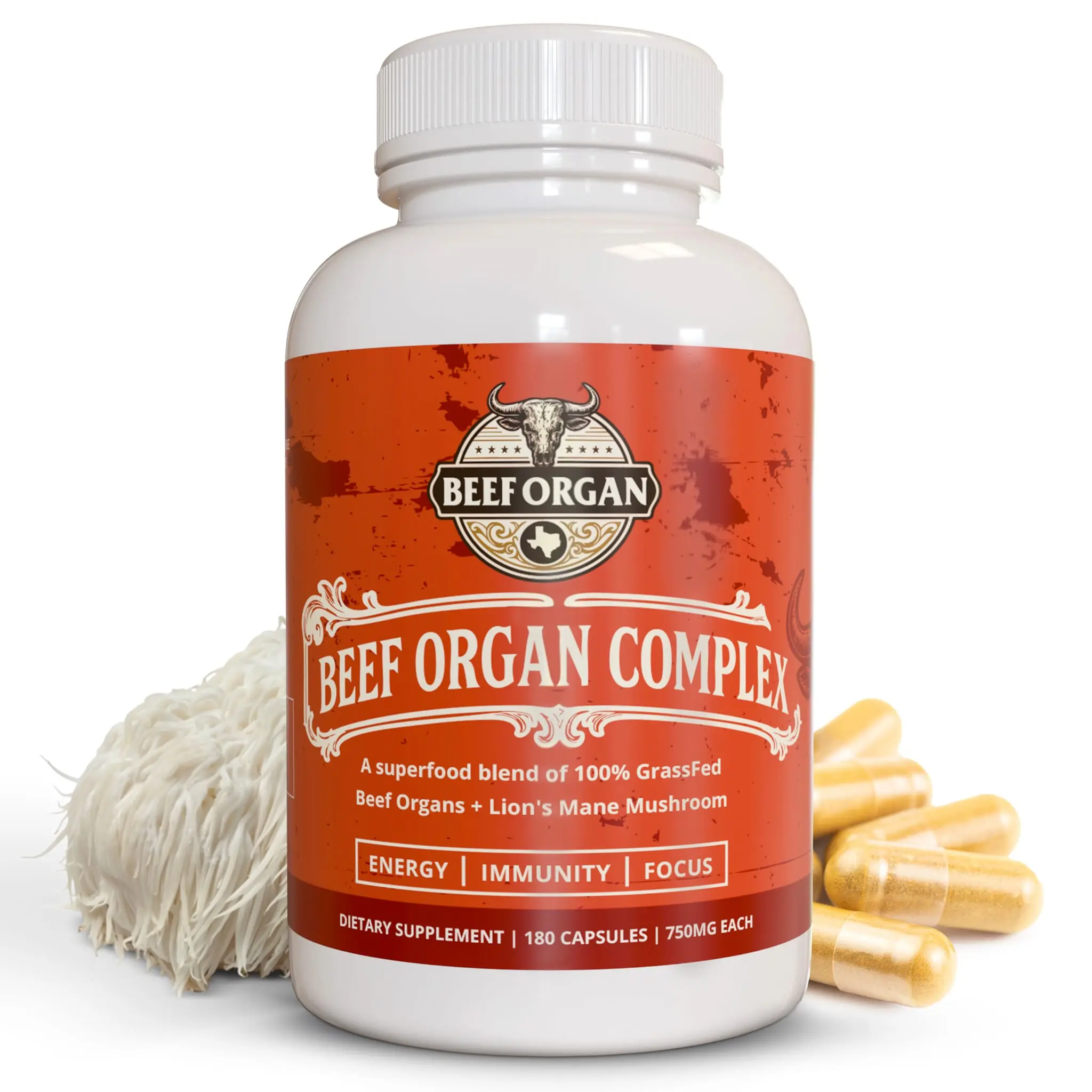 Superfood Blend Grass Fed Beef Organ Supplement for Men & Women 180 Capsules 30-Day Supply - 5 Beef Organ & 3 More Ingredients - Pasture Raised Organ Complex - Support Immunity & Focus