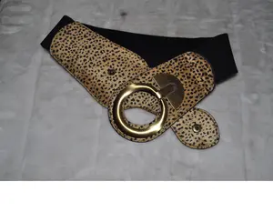 Women's wide leopard print fashion belt featuring a Black elastic strap and a statement animal-print buckle