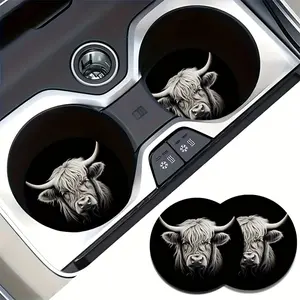 Set of Two Highland Cow Coasters Designed for Car Cup Holders, Featuring Heat Resistance, Non-Slip Properties, And Vibration Dampening, Suitable for Both Men And Women As Car Interior Accessories, Cute Car Accessories