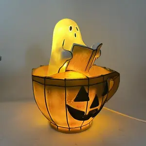 Ghost Reading Book Lamp, Halloween Cute Ghost Design Reading LED Lamp, Cute Ghost Reader in Pumpkin Cup LED Light for Tabletop Bedroom Outdoor Table Desktop Party