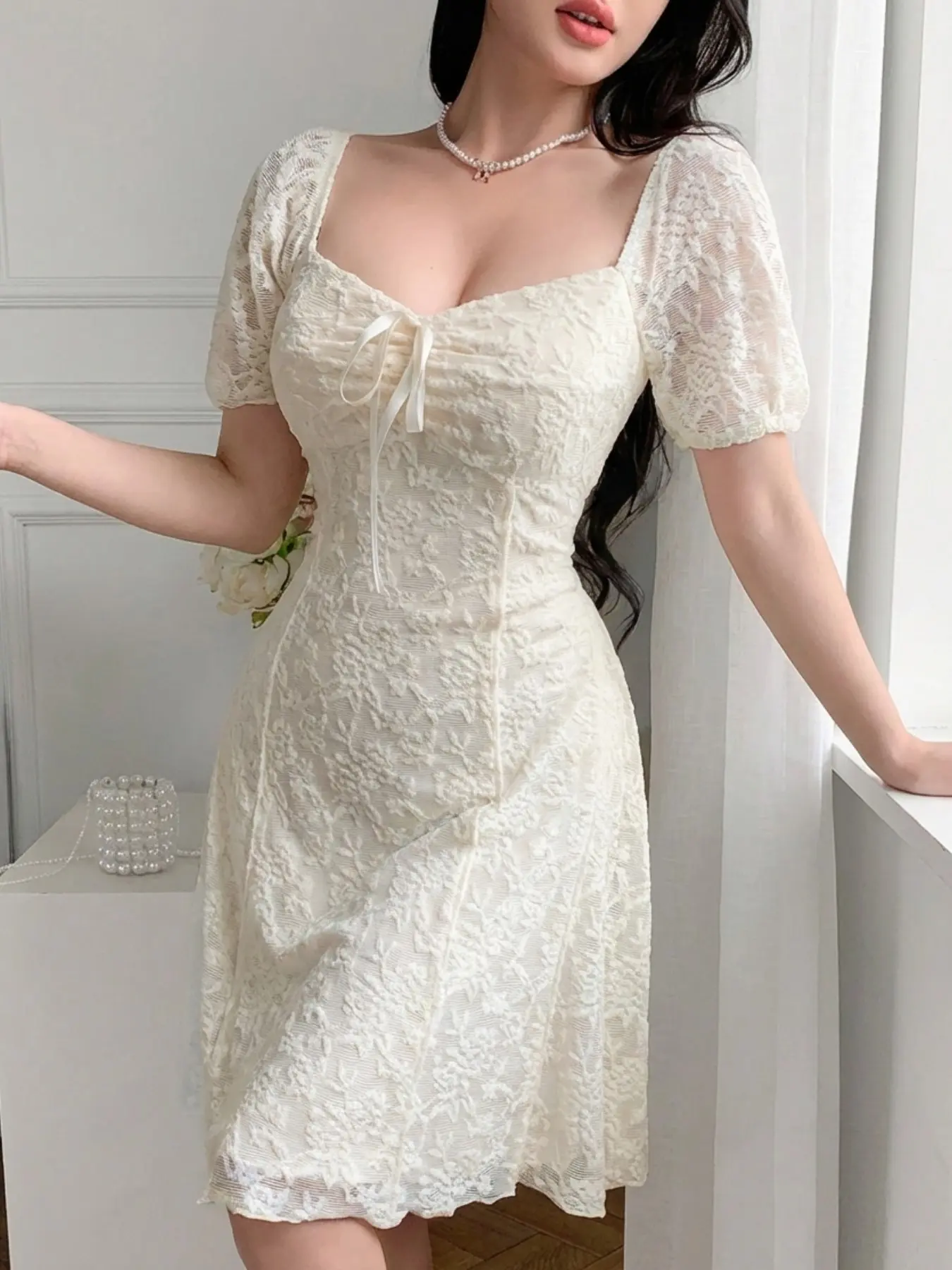 Women's Summer New Design French Style Dress, Square Neck Bowknot Lace Waist Slimming Elegant Chic Dress Nk-0004-603028