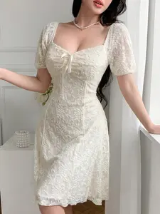 Women's Summer New French Style Dress, Square Neck Bowknot Lace Waist Slimming Elegant Dress Nk-0004-603028